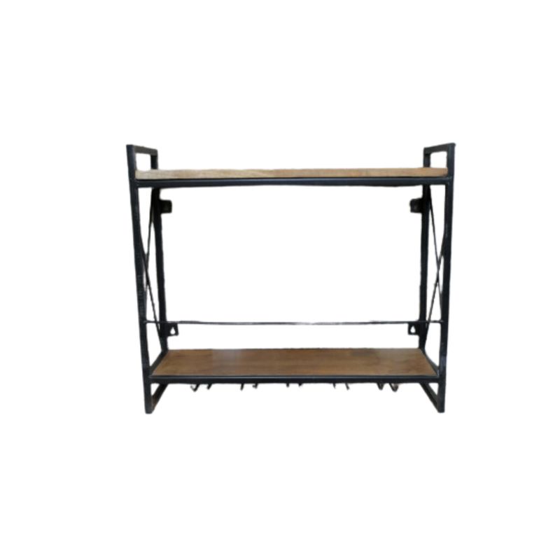 Wall-mounted wine shelf in warm mango wood and black iron, with storage for bottles and hanging wine glasses.