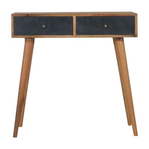 A sleek and stylish Console Table with two black panel drawers and no-fuss styling. It is solidly built with Mango wood, and finished with an oak effect