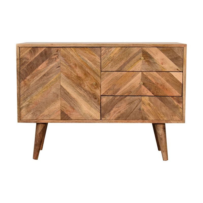 Bethany Sideboard Chevron sideboard with natural wood finish, cupboard and drawers offering practical storage with timeless style and warmth.