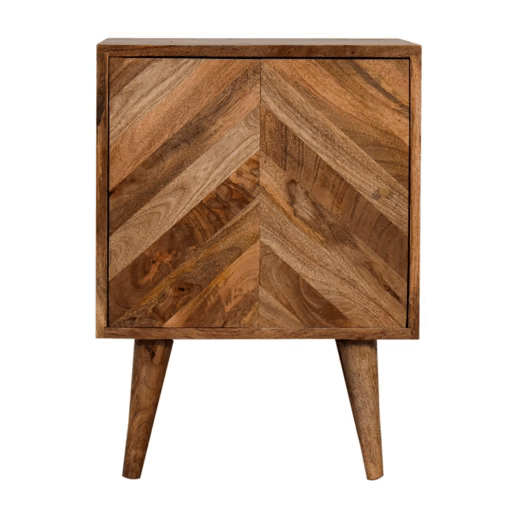 Wood bedside cabinet with chevron-patterned front and natural brown wood grain finish