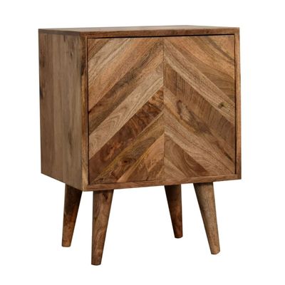 Bethany Bedside Cabinet Wood bedside cabinet with chevron-patterned front and natural brown wood grain finish