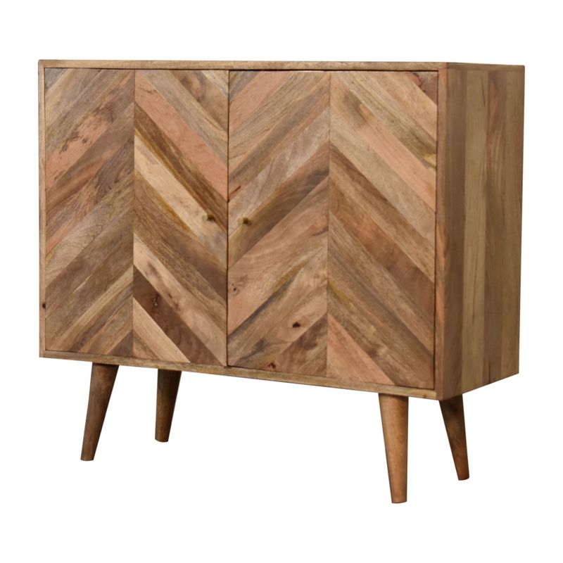 Bethany Cabinet Natural wood cabinet featuring striking chevron detailing, practical cupboard storage and a timeless, elegant finish.