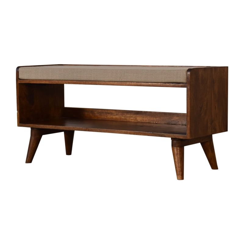 A chestnut finished bench with a comfy padded linen seat, and a storage shelf underneath.