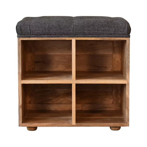 Black Tweed Mini Shoe Storage Footstool Somewhere to store your shoes. Made from solid Mango wood, with an oak effect finish, this footstool has space for four pairs of shoes and has a lovely padded black tweed seat on the top to sit on when putting your shoes on.