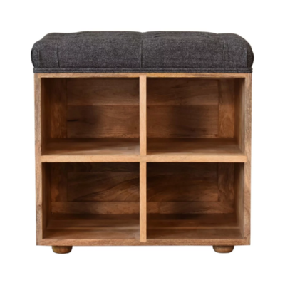 Black Tweed Mini Shoe Storage Footstool Somewhere to store your shoes. Made from solid Mango wood, with an oak effect finish, this footstool has space for four pairs of shoes and has a lovely padded black tweed seat on the top to sit on when putting your shoes on.