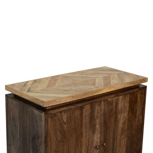 The Platform Cabinet
Two Cupboard Front.
Top has an elevated surface.
Herringbone wood pattern Top Surface