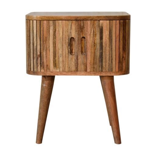 Stripe vertical wood bedside cabinet.
Open slot vertical handles.
Doors slide to each side to reveal opening
open slot shelf on top and drawer below