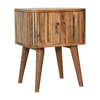 Stripe vertical wood bedside cabinet.
Open slot vertical handles.
Doors slide to each side to reveal opening
open slot shelf on top and drawer below