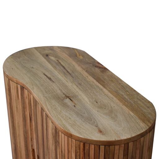 This Stripe Wood Cabinet features a distinctive elegant mixed wood vertical pattern, as well as featuring two cut-out handles and four nordic style legs. Slide back open cupboard front with internal shelf