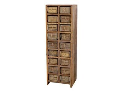 Amelie Chest of Drawers Tall wooden storage cabinet with 20 small drawers, each fitted with a metal cup handle for vintage workshop style.