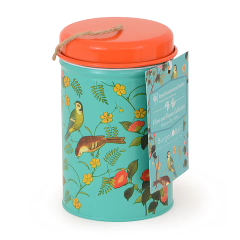 Flora and Fauna Pattern.  Turquoise colour finish.  
Metal Twine Tine with Orange lid