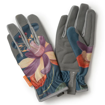 Burgon & Ball RHS Passiflora Gloves Passiflora pattern Garden Gloves (mauves, oranges, navy blue, cream)