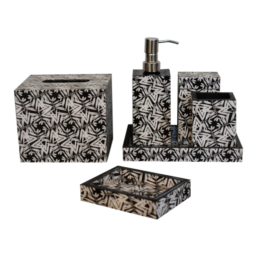 Aztec Printed Mango Wood Bathroom Set A luxurious six piece bathroom set in a fine design.