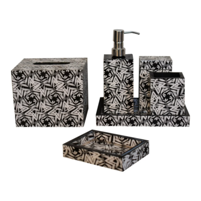 Aztec Printed Mango Wood Bathroom Set A luxurious six piece bathroom set in a fine design.