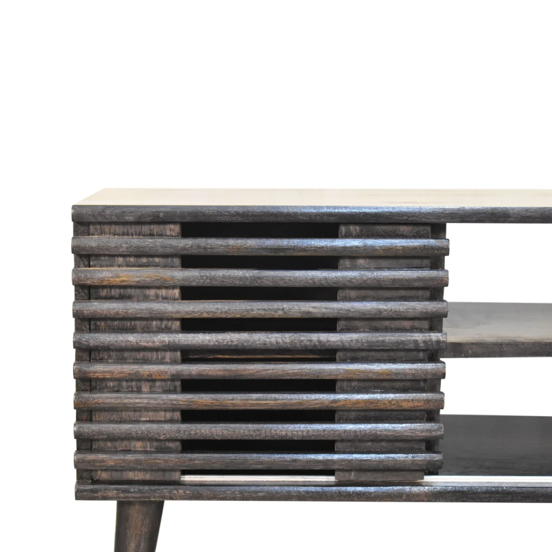 Kobe media unit in ash black solid mango wood with ridged doors and modern design