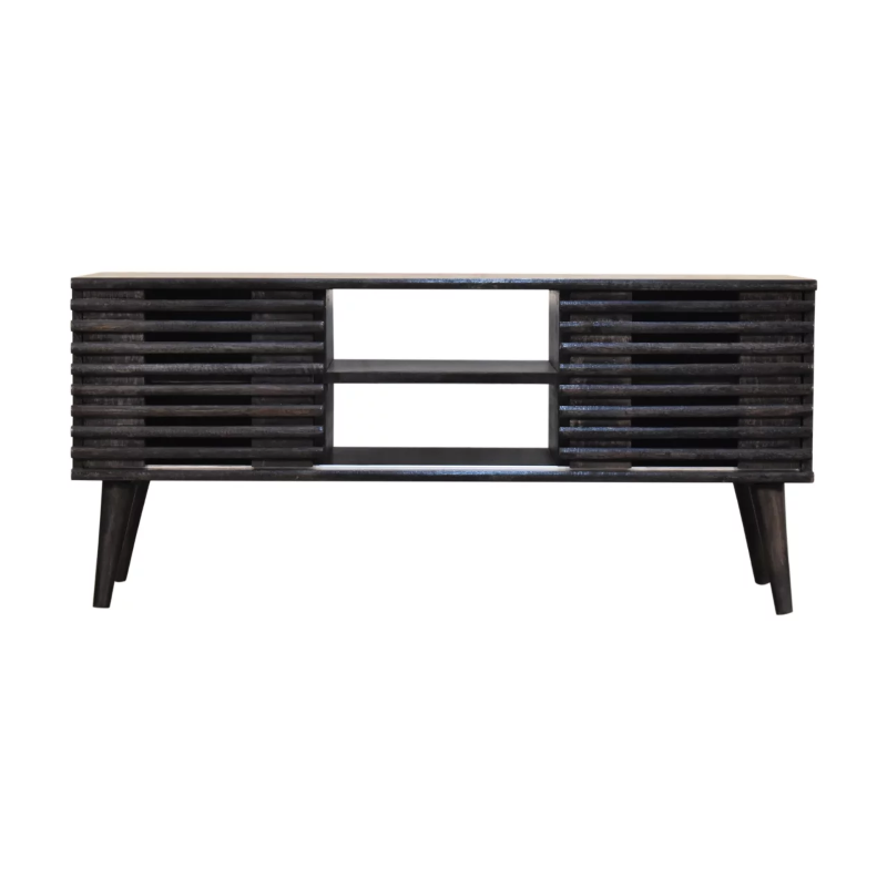 Kobe media unit in ash black solid mango wood with ridged doors and modern design