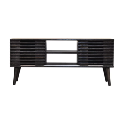 Kobe Media Unit Kobe media unit in ash black solid mango wood with ridged doors and modern design
