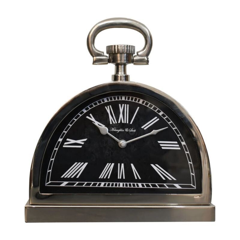 Table Clock - Black Chrome Finish Featuring a contemporary design with a black face and a chrome finish, this stylish semi-circle with large roman numerals that are easy to read. Display this piece beautifully on your bedside.