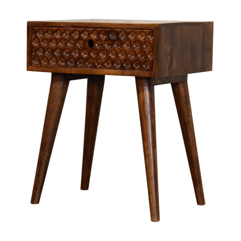 Hereford Bedside Cabinet
Chestnut Finish
Circular Imprint Pattern on front elevation of drawer