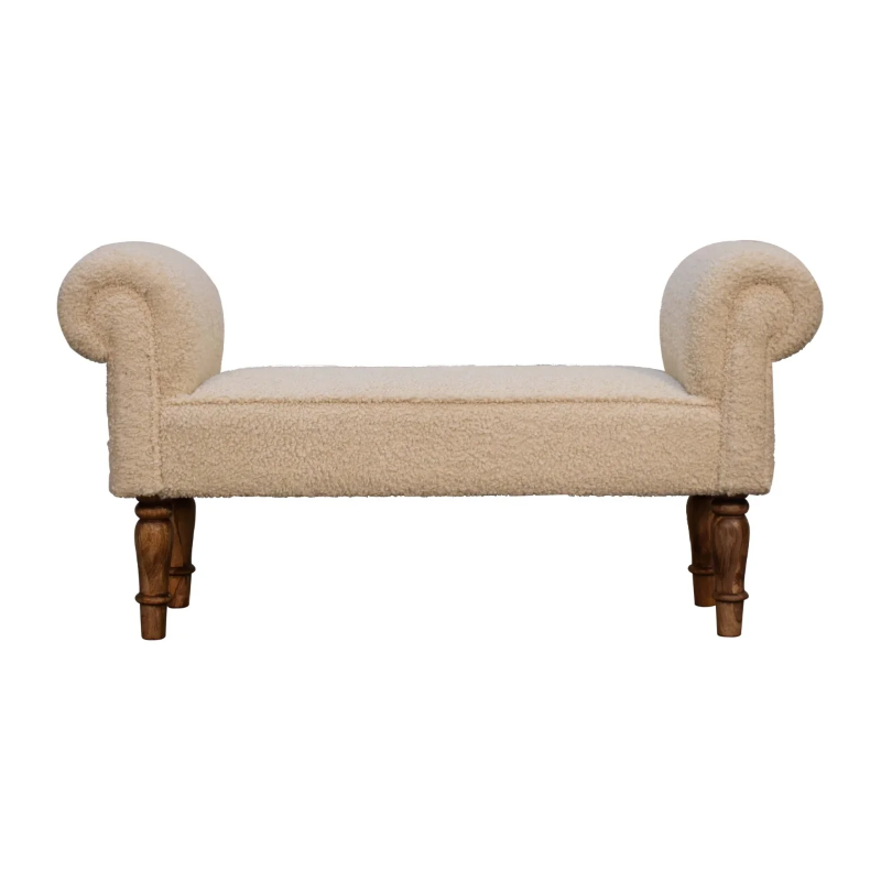Boucle Cream Bench with Turned Feet.
