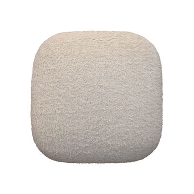 Soft boucle footstool with natural wooden legs, bringing comfort, texture and understated elegance to any living space.