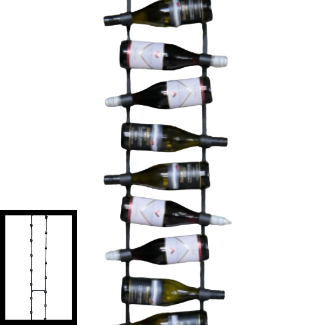 Edward Bottle Rack Edward wall-mounted metal wine rack holding bottles horizontally in a tall, space-saving design with an industrial finish.