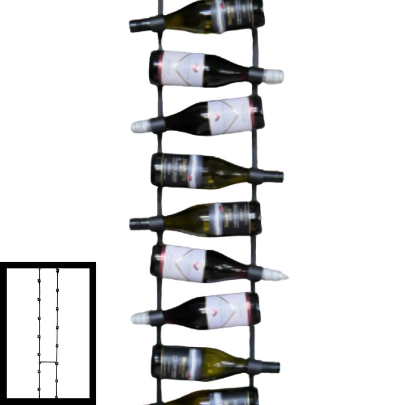 Edward Bottle Rack Edward wall-mounted metal wine rack holding bottles horizontally in a tall, space-saving design with an industrial finish.