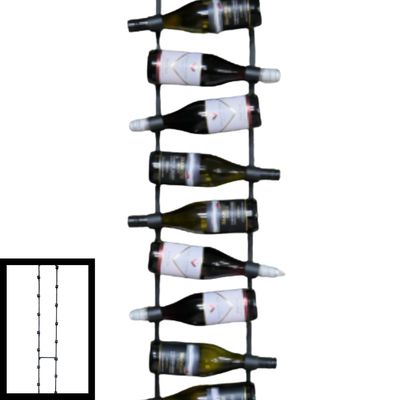 Edward wall-mounted metal wine rack holding bottles horizontally in a tall, space-saving design with an industrial finish.
