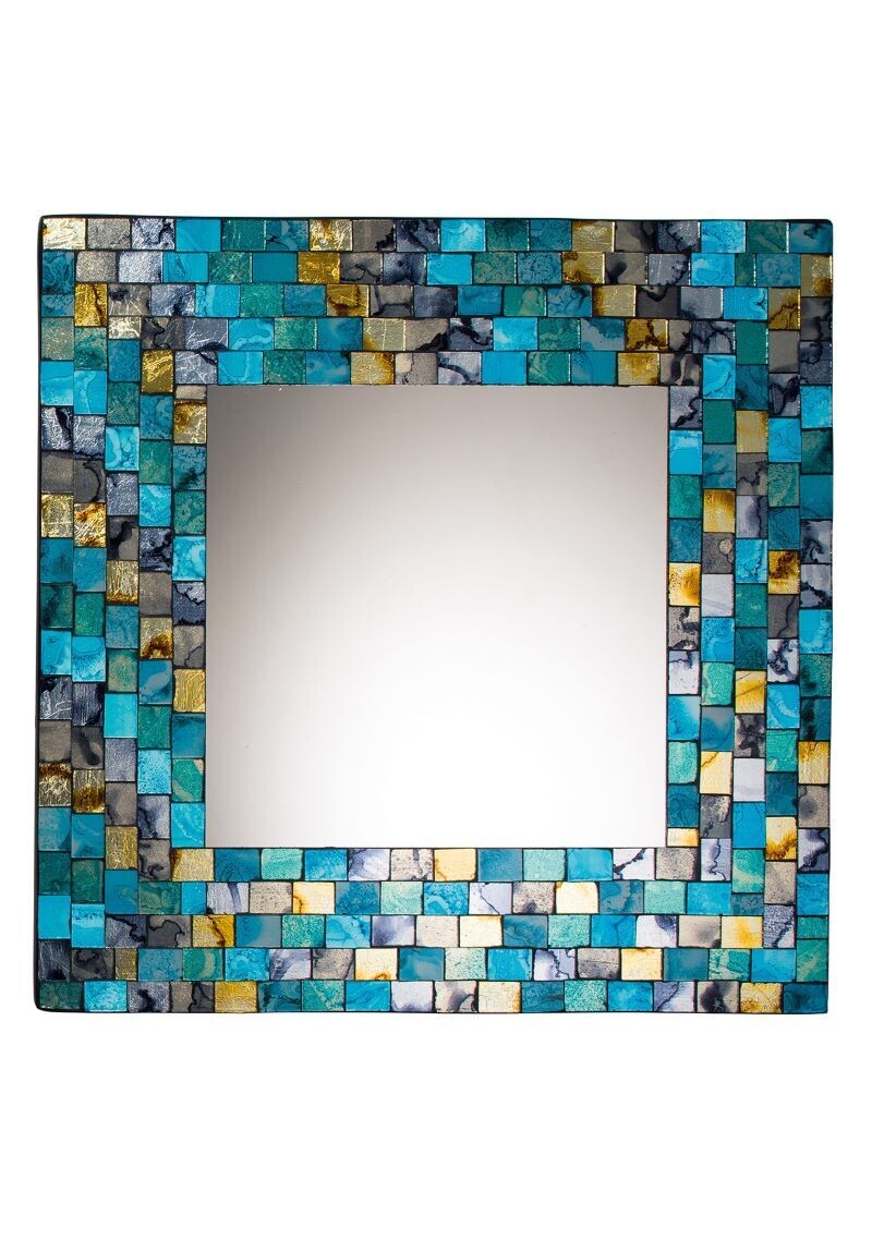 Lagoon Turquoise and Gold Mosaic Square Mirror