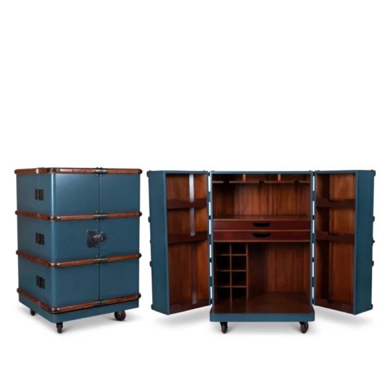 Polo Club Bar - Petrol Built in the style of one of those travel trunks that they used to use in world travels. But open it up and there's the most splendid Bar that you could wish for! A superior piece of furniture that is perfect in a dining room, lounge, conservatory or a guest bedroom (obviously for your preferred guest!).
