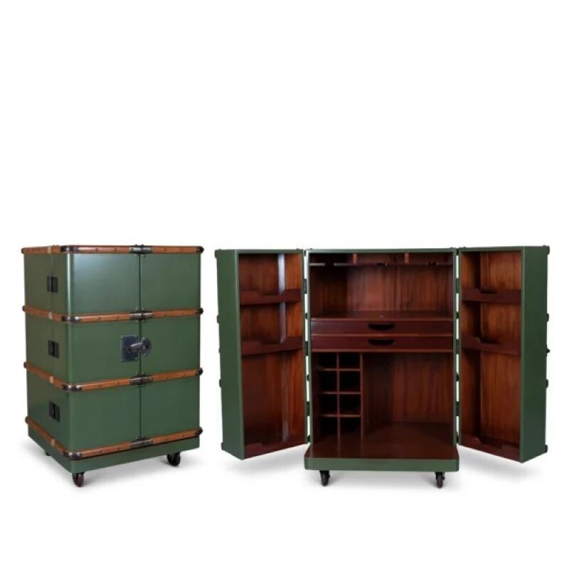 See the interior of the Polo Club Bar which is a fine addition to any guest bedroom or in the lounge or dining room. And when closed, it is a handsome luggage trunk with castors, making it easily moveable.