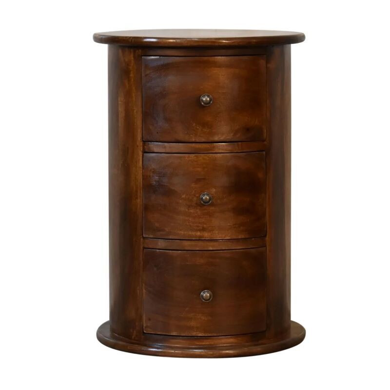 A versatile chestnut finish Drum Chest which can be used in the corner of any room, or as a bedside cabinet. 