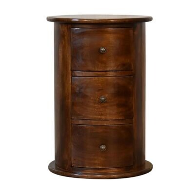 A versatile chestnut finish Drum Chest which can be used in the corner of any room, or as a bedside cabinet. 