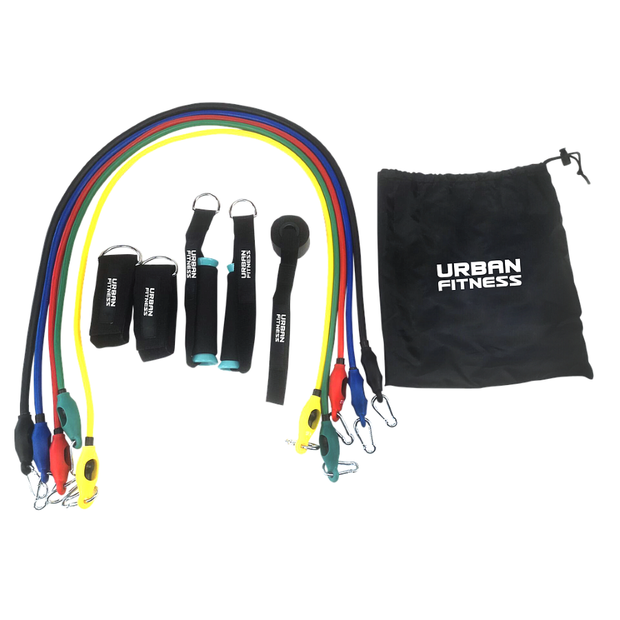 Urban Fitness 11pc Resistance Tube Set Urban Fitness 11 pc Resistance tube Set
Black bag, Colourful tubes and attachments