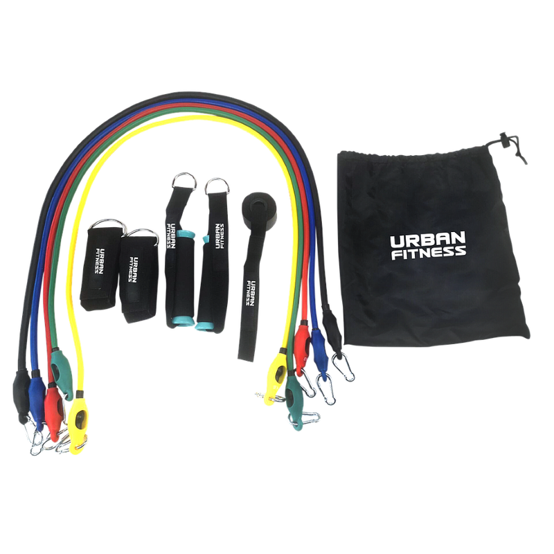 Urban Fitness 11pc Resistance Tube Set Urban Fitness 11 pc Resistance tube Set
Black bag, Colourful tubes and attachments