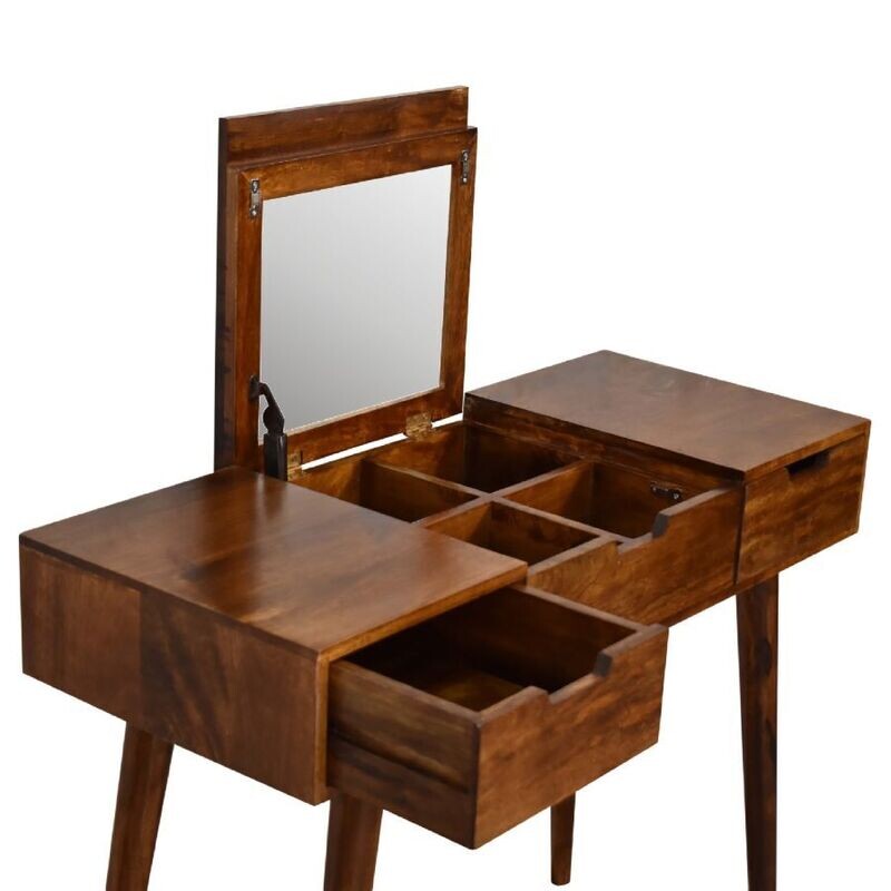 What a box of tricks is this! It looks just like a handy table, but wait! Lift up the centre and it transforms into a dressing table with a mirror that pops up. This exposes four compartments for your make-up and beauty bits, and there is a good deep drawer on either side too- so plenty of space to assist your beauty regime!