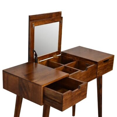 What a box of tricks is this! It looks just like a handy table, but wait! Lift up the centre and it transforms into a dressing table with a mirror that pops up. This exposes four compartments for your make-up and beauty bits, and there is a good deep drawer on either side too- so plenty of space to assist your beauty regime!