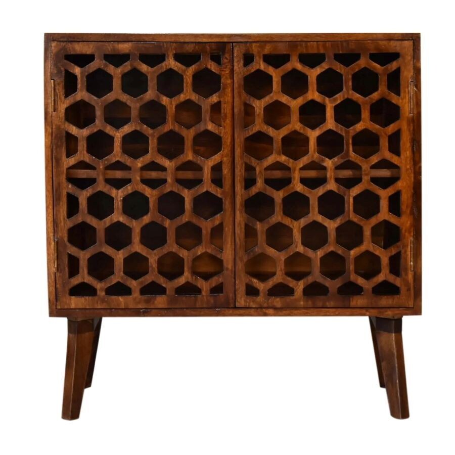 Chestnut Hive Cabinet Made from solid Mango wood, this honeycomb design cabinet is finished in a chestnut stain and has two opening doors.