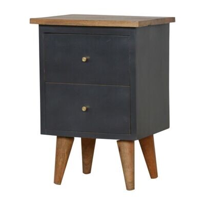 Made of solid Mango wood, the Tonic Bedside Cabinet has a charcoal painted body with a wood top and legs