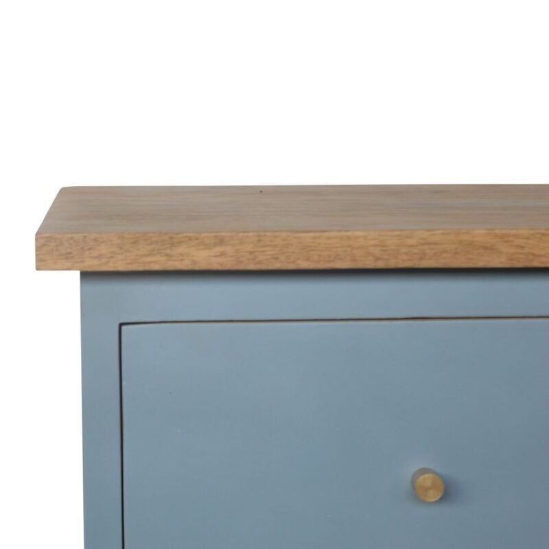 Two Drawer light blue bedside cabinet with natural wood unpainted top surface and natural finish nordic style legs
