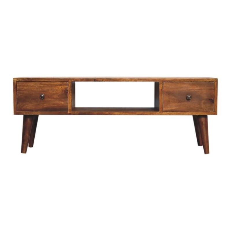 Natural wood coffee table with understated Scandinavian style, a spacious top and a practical lower display shelf.