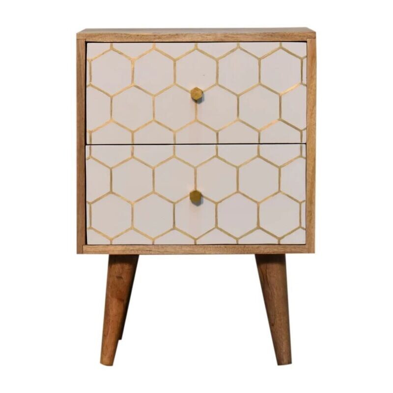 Amelia bedside cabinet in natural wood tones with white painted frame and carved geometric pattern on the door