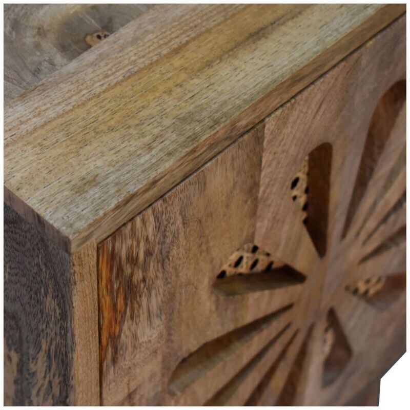 Daisy Bedside Cabinet
Oak Finish.  Nordic Style Legs.
Cut Out Flower Design on front elevation with rattan backing