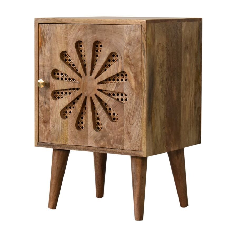 Daisy Bedside Cabinet
Oak Finish.  Nordic Style Legs.
Cut Out Flower Design on front elevation with rattan backing