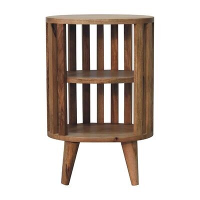 Fuji Slatted Oak Finish Bedside Cabinet with shelf. Oval Top
