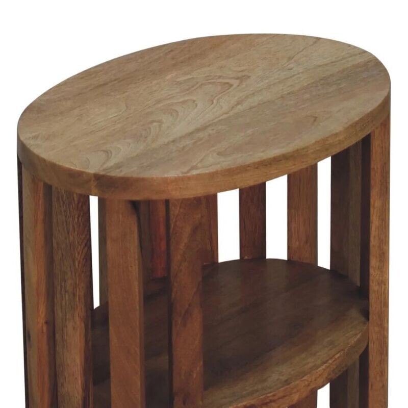 Fuji Slatted Oak Finish Bedside Cabinet with shelves.  Oval Top