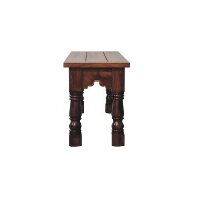 Solid wooden bench with chestnut finish and simple rectangular seat