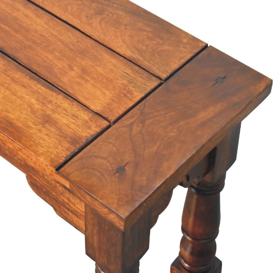 Solid wooden bench with chestnut finish and simple rectangular seat