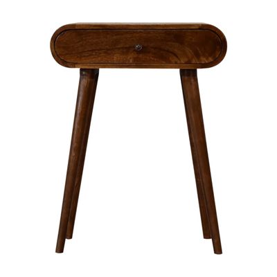 Mini Rounded Chestnut Console Table This delightful console table is made from solid mango wood and with a warm chestnut finish is smply beautiful and is ideal in a hallway or a bedroom.