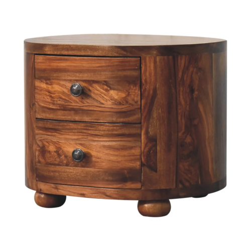 Sheesham wood bedside cabinet featuring a curved rectangular shape, warm brown colour, prominent natural grain